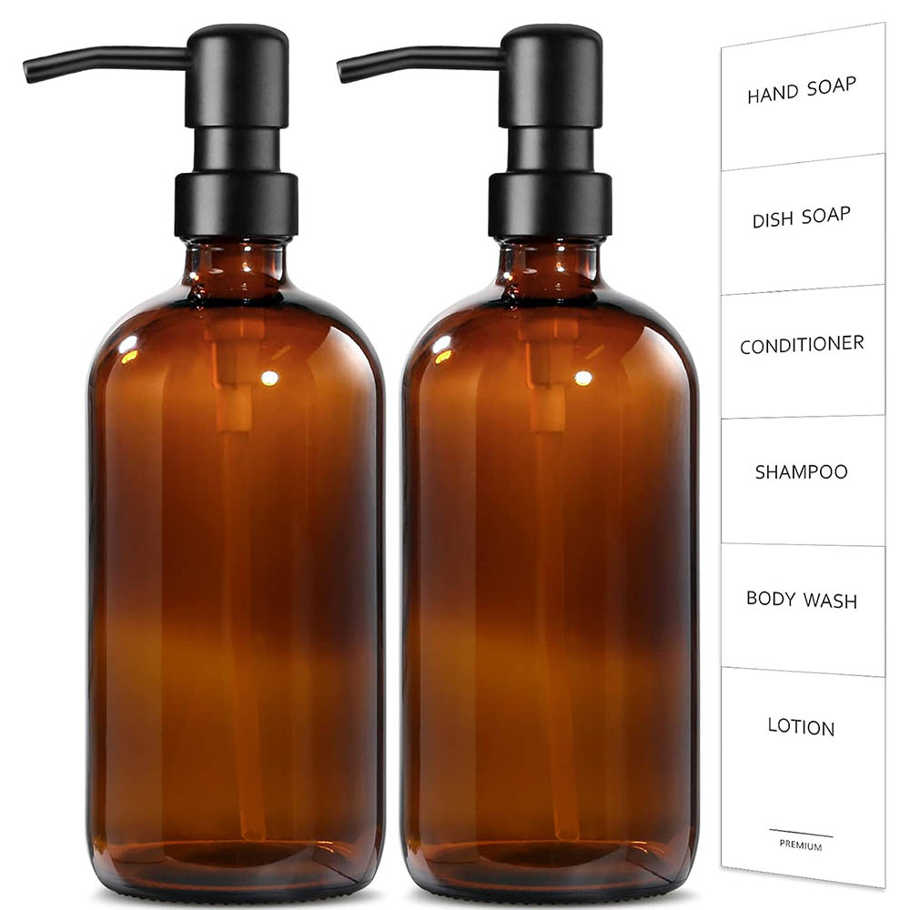 Soap Dispenser Pump - موزع صابون زجاجي كهرماني، عبوتان من